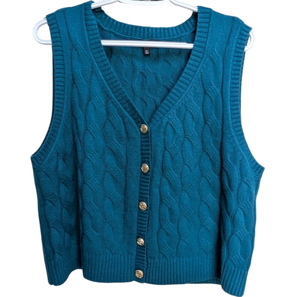 Talbots Petite v-neck cable-knit sweater vest. Peacock blue. Sz XL